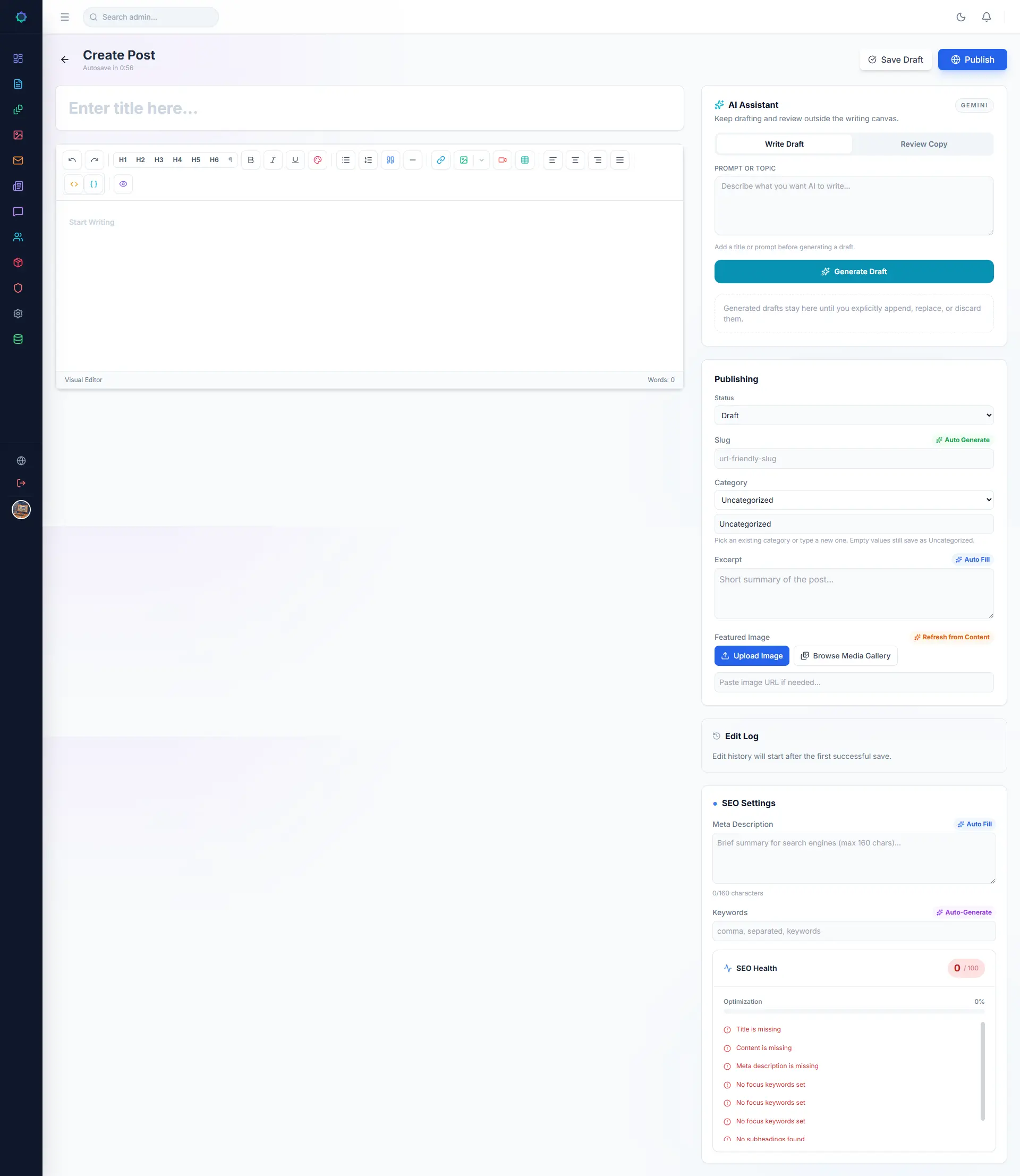 VonCMS TipTap article editor with publishing and SEO settings