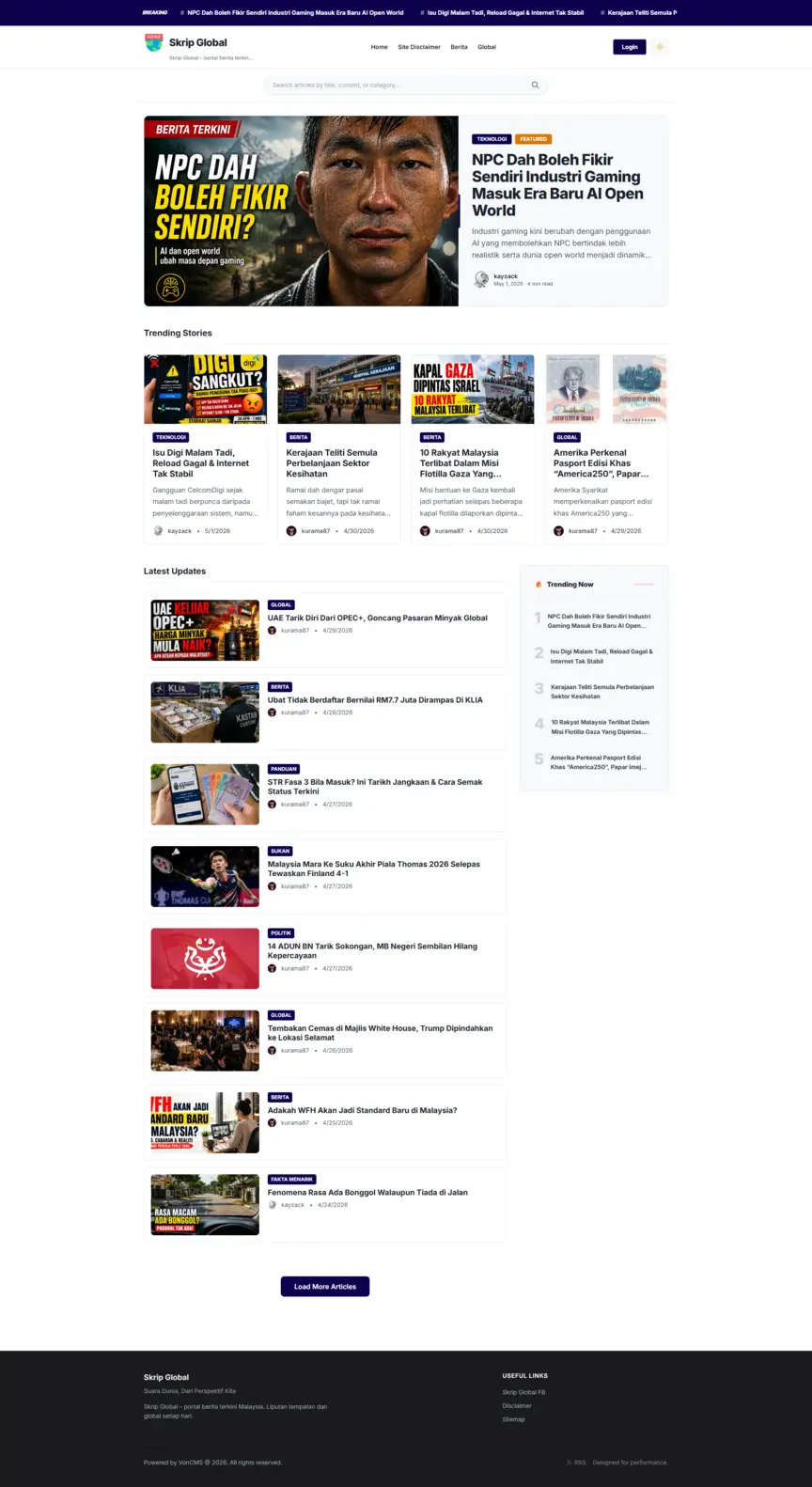 VonCMS TechPress news website with featured stories and category sections