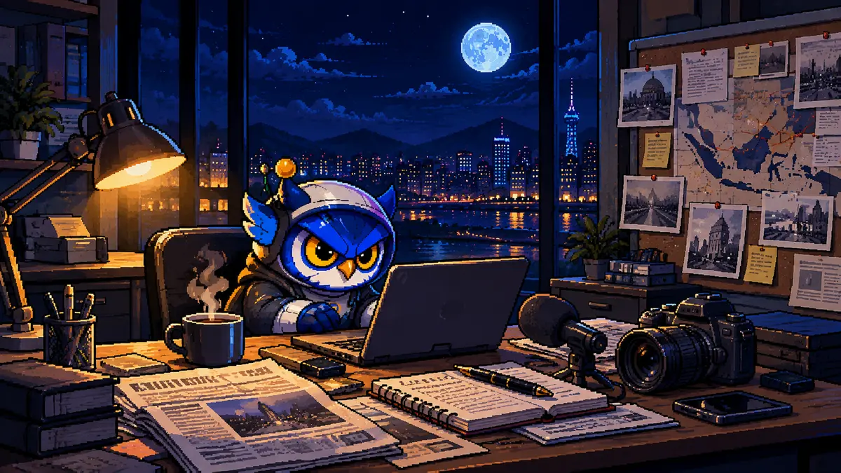 Vorro, the VonCMS owl mascot, working on a news story with a laptop, camera, and reporting notes