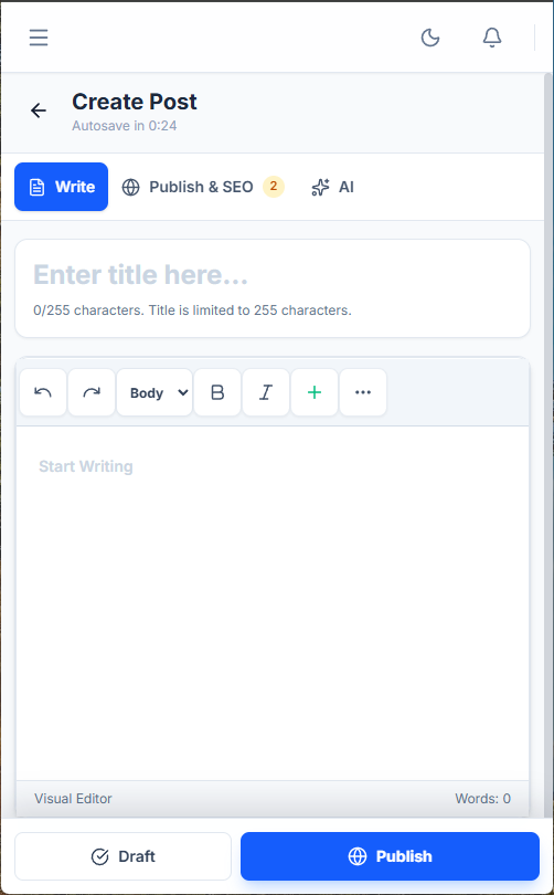 VonCMS mobile article editor with Write, Publish and SEO, and AI tabs
