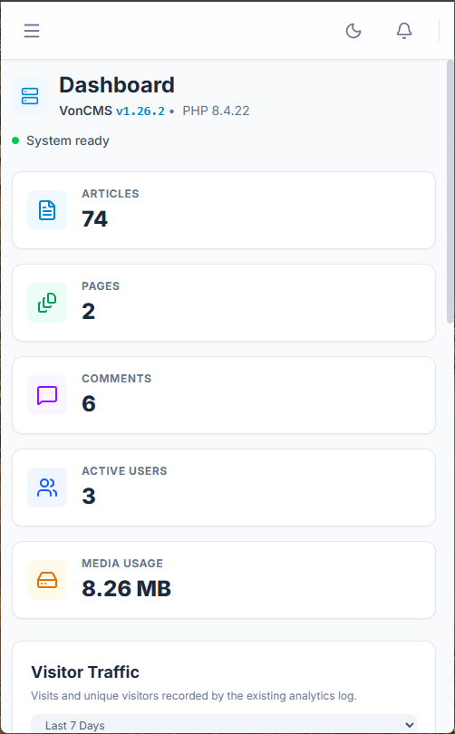 VonCMS publishing dashboard with article, page, and visitor statistics on a phone