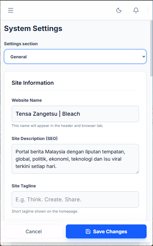 VonCMS mobile site settings for publication identity and SEO description